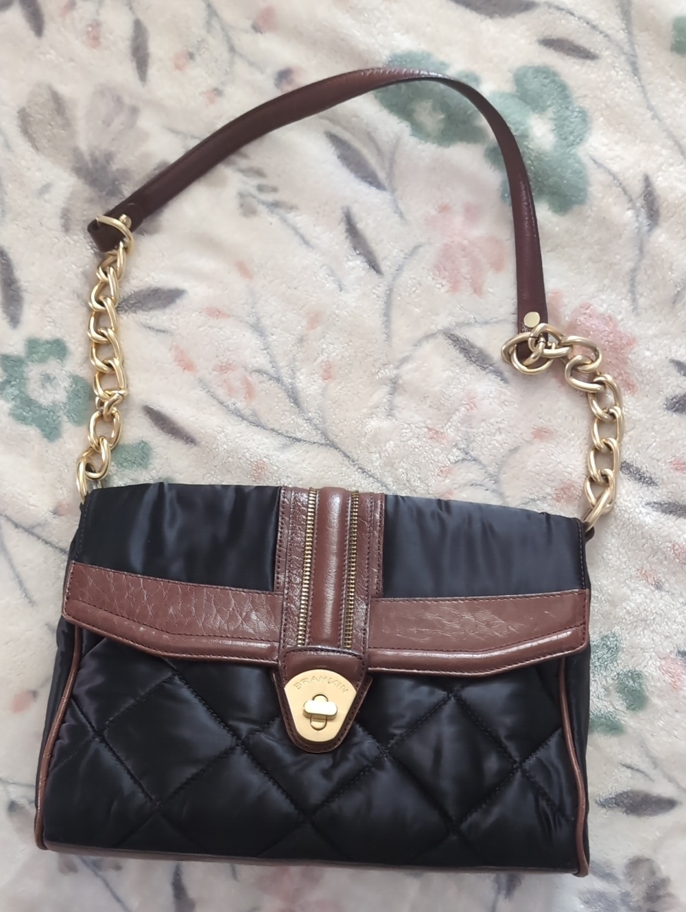 Vintage Brahmin Quilted Satin, Zipper, and Leather Shoulder Bag